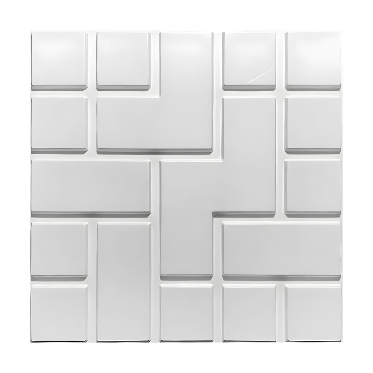 White PVC 3D wall panel, 50 x 50cm square, with raised square and rectangular blocks forming an interlocking geometric grid, shown on a plain background.