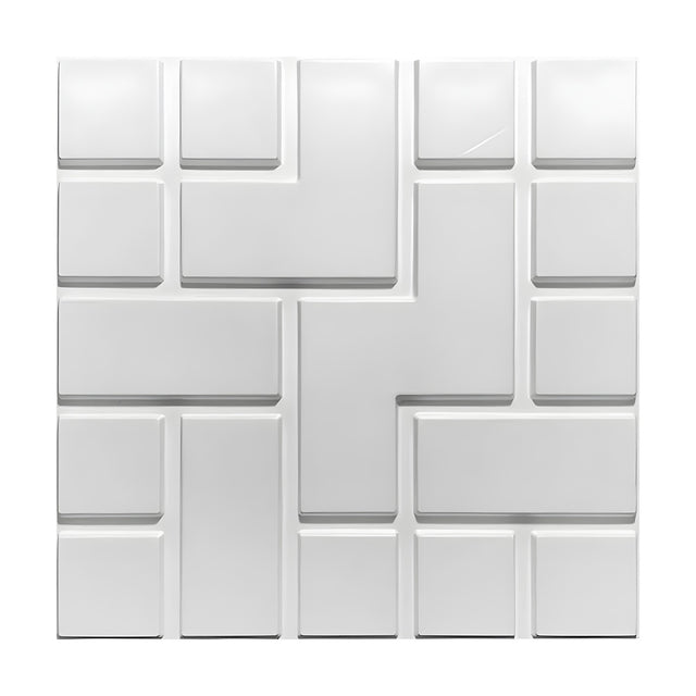 White PVC 3D wall panel, 50 x 50cm square, with raised square and rectangular blocks forming an interlocking geometric grid, shown on a plain background.
