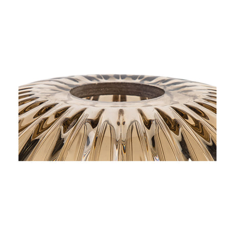 Gilda Shallow Lamp Shade 20cm in cognac glass, a low dome with a ribbed, fluted surface and central fitting hole, shown close-up on a plain background.