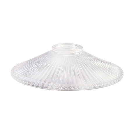 Gilda Lamp Shade 21.5cm in clear glass, a shallow wide disc with fine vertical ribbing and a central fitter neck, shown on a plain white background.