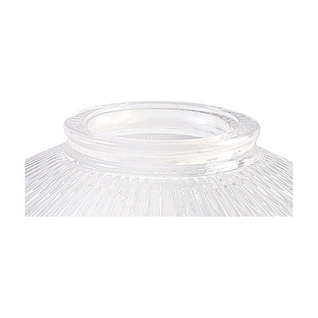 Gilda Lamp Shade 21.5cm in clear glass, a shallow ribbed disc with fine vertical corrugations and a raised fitting rim, shown on a plain white background.