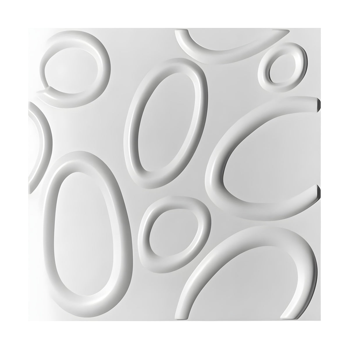White 3D PVC wall panel, 50 x 50cm, featuring raised rounded tubes forming scattered oval rings and open arcs at varied angles on a plain background.
