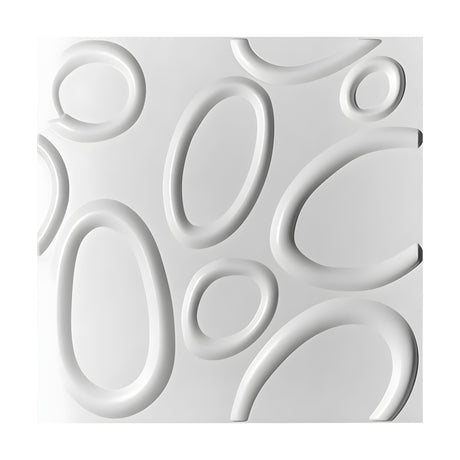 White 3D PVC wall panel, 50 x 50cm, featuring raised rounded tubes forming scattered oval rings and open arcs at varied angles on a plain background.