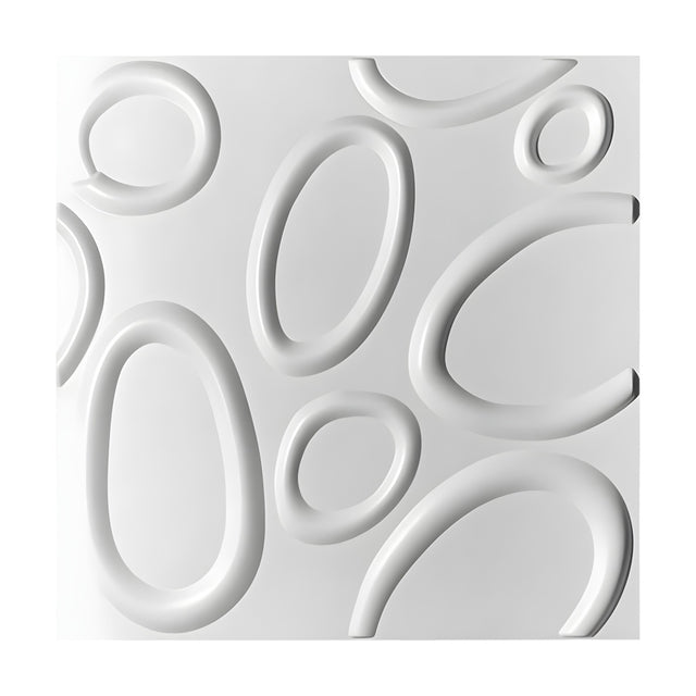 White 3D PVC wall panel, 50 x 50cm, featuring raised rounded tubes forming scattered oval rings and open arcs at varied angles on a plain background.