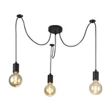 Dreifa 3-light E27 pendant with matt black ceiling rose, splayed cables and 12cm cups holding amber globe bulbs, shown on a plain white background.