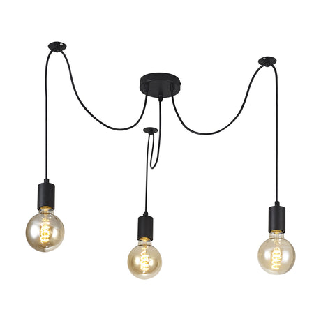 Dreifa 3-light E27 pendant with matt black ceiling rose, splayed cables and 12cm cups holding amber globe bulbs, shown on a plain white background.