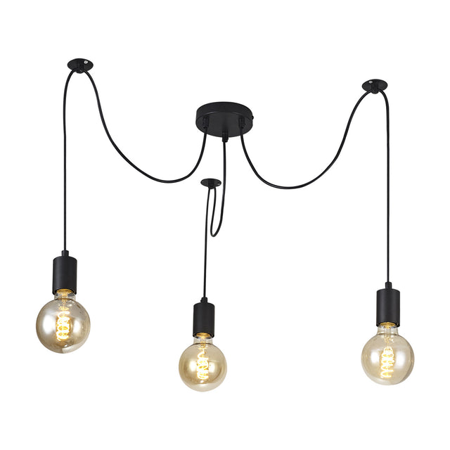 Dreifa 3-light E27 pendant with matt black ceiling rose, splayed cables and 12cm cups holding amber globe bulbs, shown on a plain white background.