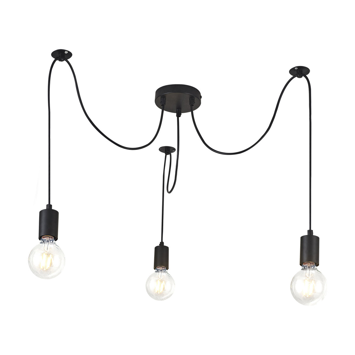 Dreifa 3 Light E27 Pendant Light in matt black, three iron cord-suspended fittings with round ceiling canopies, shown with globe bulbs on a white background.