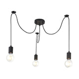 Dreifa 3 Light E27 Pendant Light in matt black, three iron cord-suspended fittings with round ceiling canopies, shown with globe bulbs on a white background.