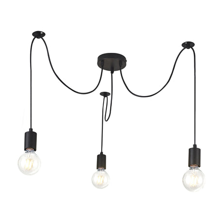 Dreifa 3 Light E27 Pendant Light in matt black, three iron cord-suspended fittings with round ceiling canopies, shown with globe bulbs on a white background.