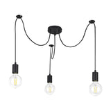 Dreifa 3 Light E27 Pendant Light, matt black ceiling roses with three trailing cords ending in cylindrical holders and exposed globe bulbs, shown on a white background.