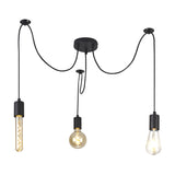 Dreifa 3 Light E27 Pendant Light in matt black, iron construction with three trailing cords and cup holders at varied drop heights, shown with different bulb styles on a white background.