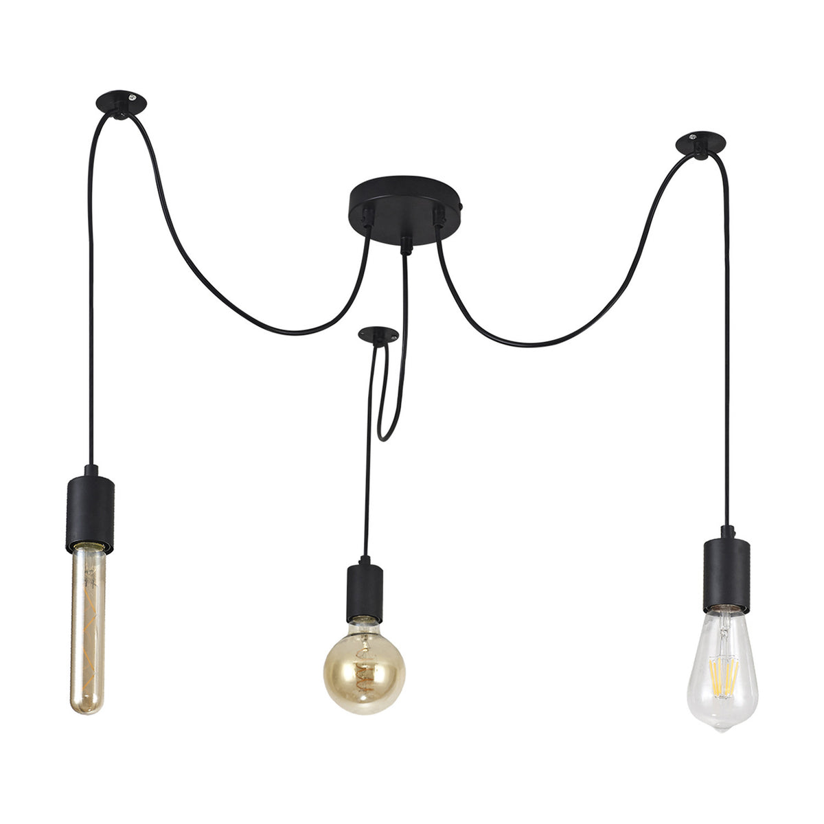 Dreifa 3 Light E27 Pendant Light in matt black, with three iron cups on individual flex cords at varying drop lengths, shown with exposed bulbs on a white background.