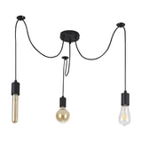 Dreifa 3 Light E27 Pendant Light in matt black, with three iron cups on individual flex cords at varying drop lengths, shown with exposed bulbs on a white background.