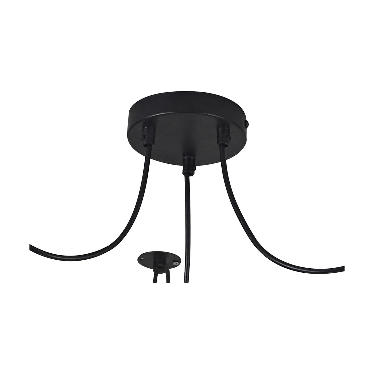 Dreifa 3 Light E27 Pendant Light in matt black, showing a round ceiling rose with three iron flex cables and individual cups, on a plain white background.