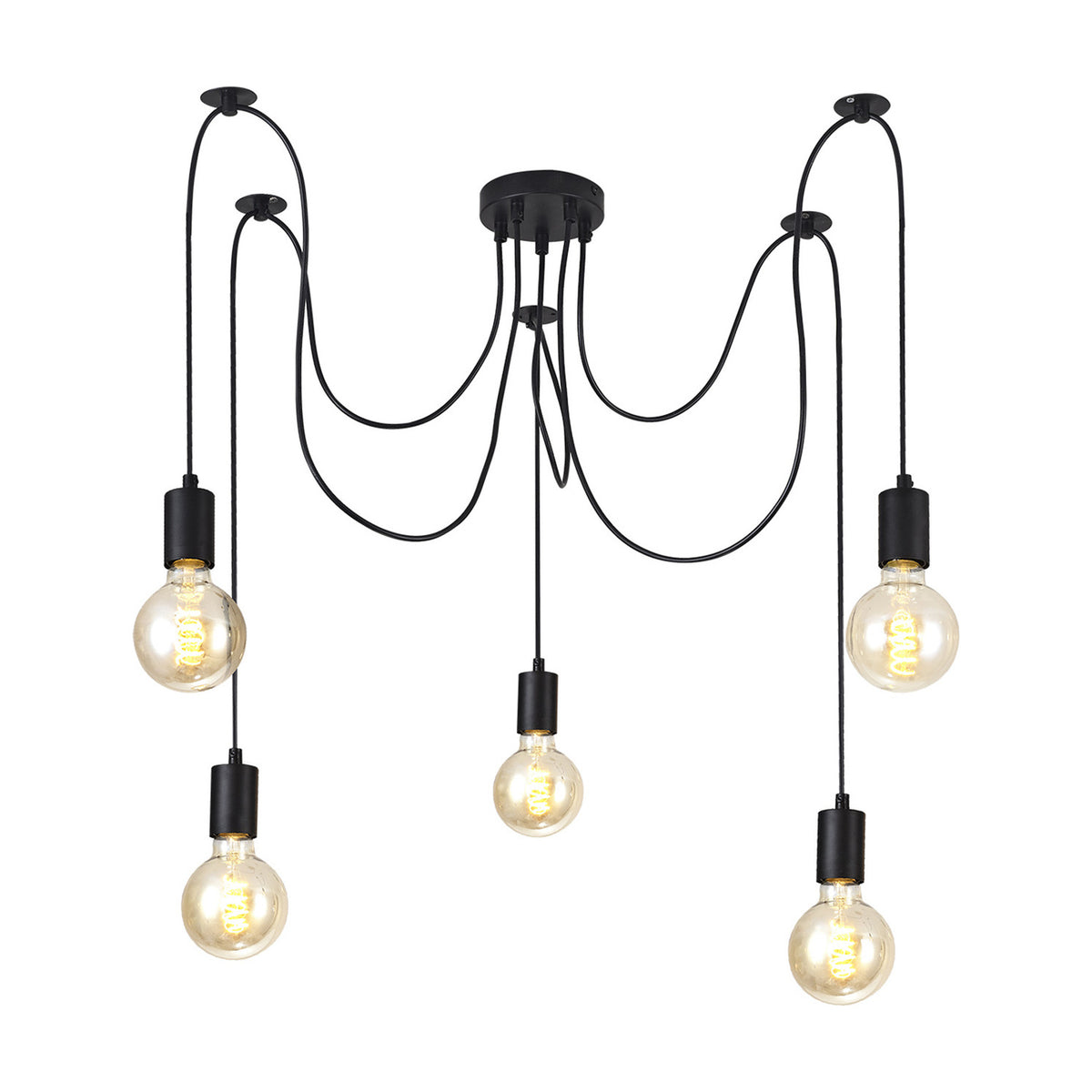 Dreifa 5 Light E27 Pendant Light in matt black iron, with five looping cords from a compact 12cm ceiling head, each holding an exposed globe bulb, shown on a white background.