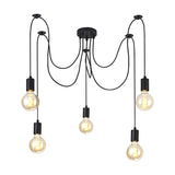 Dreifa 5 Light E27 Pendant Light in matt black iron, with five looping cords from a compact 12cm ceiling head, each holding an exposed globe bulb, shown on a white background.