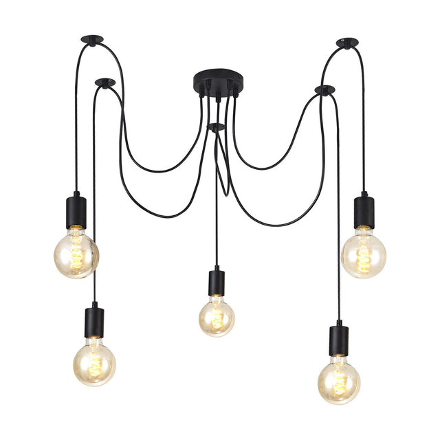 Dreifa 5 Light E27 Pendant Light in matt black iron, with five looping cords from a compact 12cm ceiling head, each holding an exposed globe bulb, shown on a white background.