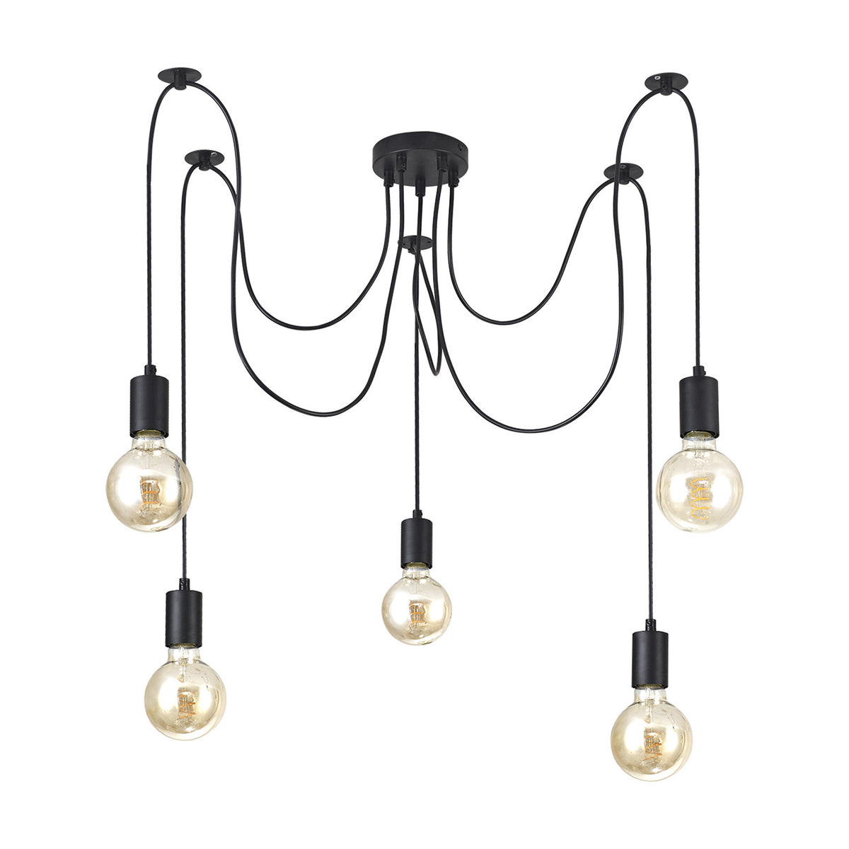 Dreifa 5 Light E27 Pendant Light in matt black iron with a compact 12cm ceiling rose, five looping flexes ending in globe bulbs at varied drop heights, shown on a white background.