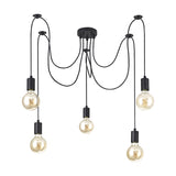 Dreifa 5 Light E27 Pendant Light in matt black iron with a compact 12cm ceiling rose, five looping flexes ending in globe bulbs at varied drop heights, shown on a white background.