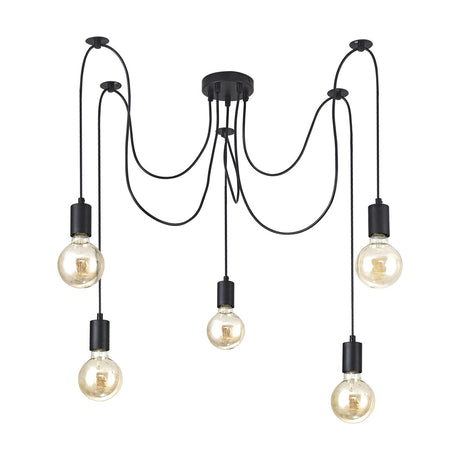 Dreifa 5 Light E27 Pendant Light in matt black iron with a compact 12cm ceiling rose, five looping flexes ending in globe bulbs at varied drop heights, shown on a white background.