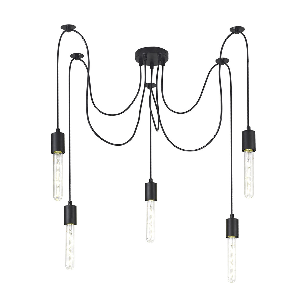 Dreifa 5 Light E27 Pendant Light in matt black iron, five flexes trailing from a 12cm ceiling rose to individual holders with exposed tube bulbs, shown on a white background.