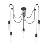 Dreifa 5 Light E27 Pendant Light in matt black iron, five flexes trailing from a 12cm ceiling rose to individual holders with exposed tube bulbs, shown on a white background.