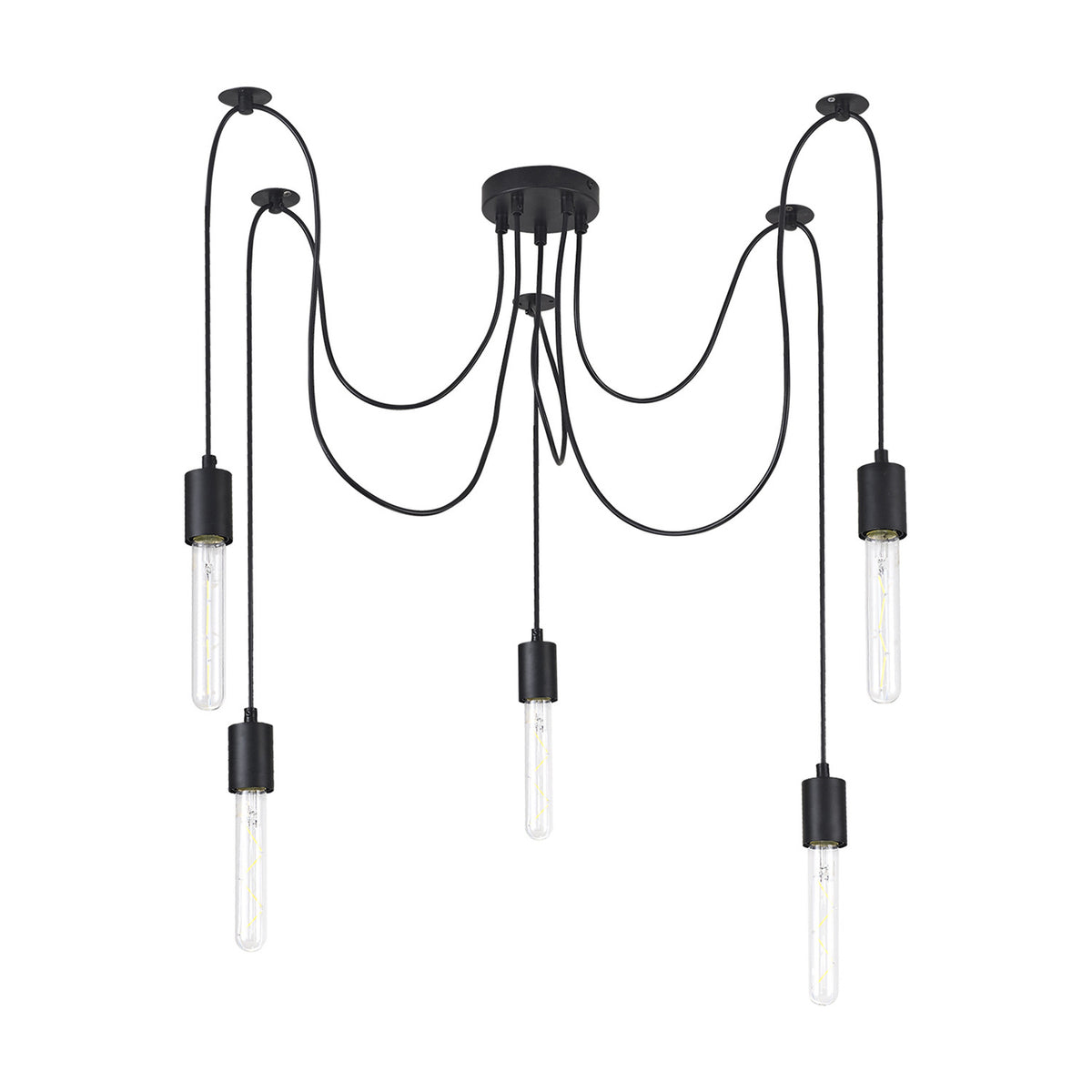 Dreifa 5 Light E27 Pendant Light in matt black, five swagged flexes from a compact 12cm ceiling head, each fitted with an exposed tube bulb, shown on a plain white background.