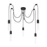 Dreifa 5 Light E27 Pendant Light in matt black, five swagged flexes from a compact 12cm ceiling head, each fitted with an exposed tube bulb, shown on a plain white background.
