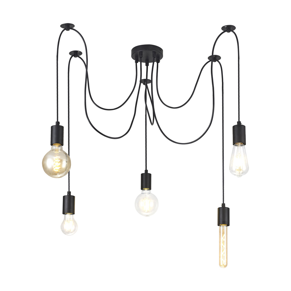 Dreifa 5 Light E27 Pendant Light in matt black, five flexes from a compact 12cm ceiling rose holding varied bulb shapes, shown on a plain white background.