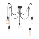 Dreifa 5 Light E27 Pendant Light in matt black, five flexes from a compact 12cm ceiling rose holding varied bulb shapes, shown on a plain white background.