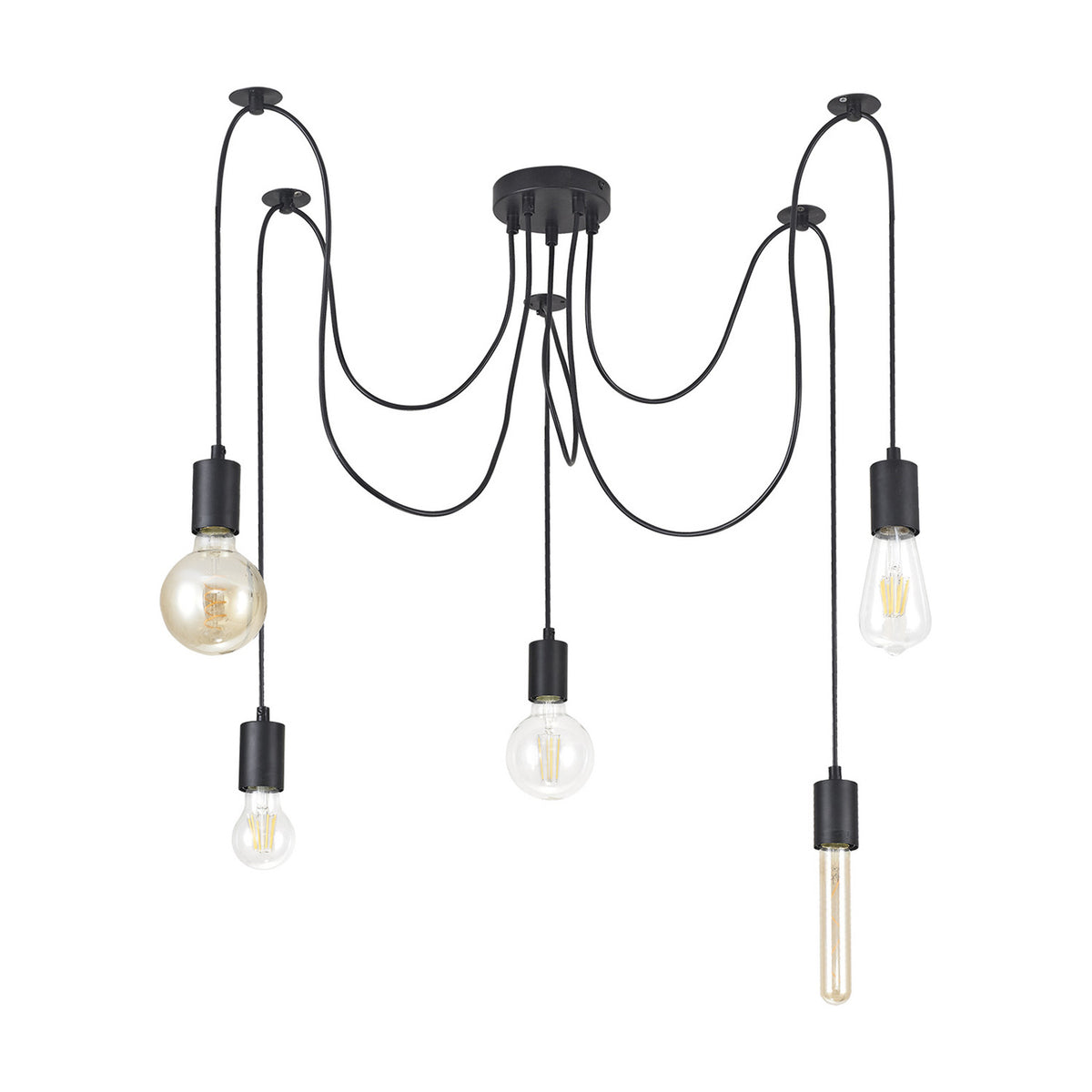 Dreifa 5 Light E27 Pendant Light with matt black 12cm ceiling canopy, five swagged flexes ending in black holders with varied exposed bulbs, on a white background.