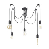 Dreifa 5 Light E27 Pendant Light with matt black 12cm ceiling canopy, five swagged flexes ending in black holders with varied exposed bulbs, on a white background.