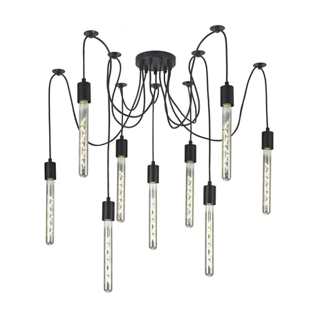 Dreifa multi-drop pendant light with nine matt black E27 holders on flexible cables from a compact round ceiling plate, fitted with clear tube-style bulbs, shown on a white background.