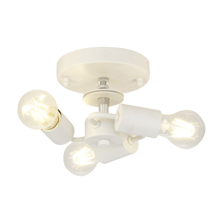 Baymont 3 Light E27 Flush Ceiling Light, 22.5cm white iron fixture with round base and three angled bulb holders, shown with exposed globe bulbs on a plain white background.