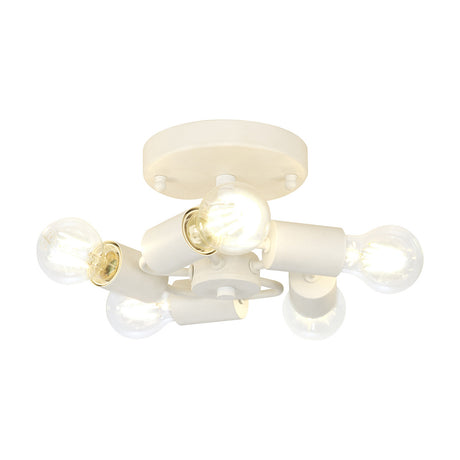 Baymont 5 Light E27 Flush Ceiling Light 25cm in white, with five angled iron holders radiating from a round ceiling plate, shown with exposed bulbs on a plain white background.