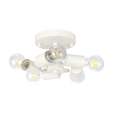 Baymont 5 Light E27 Flush Ceiling Light in white, round 25cm iron plate with five angled holders fitted with exposed filament bulbs, shown on a plain white background.