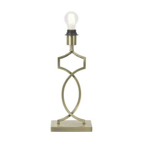 Courtyard E27 table lamp base in antique brass with an open interlocking wire design and rectangular foot, shown with an exposed bulb on a plain white background.