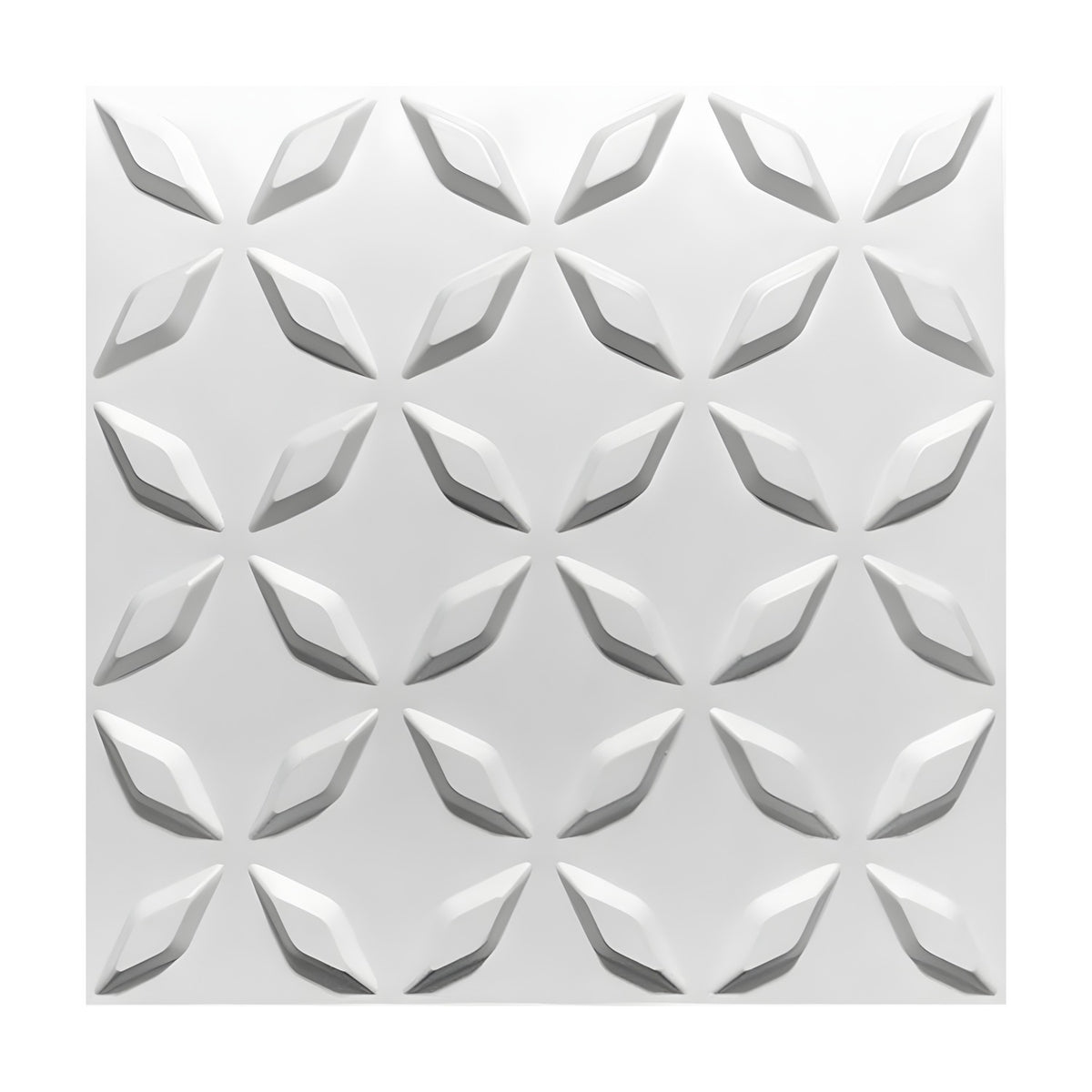 White PVC 3D wall panel, 50 x 50cm, with diagonal lozenge lattice relief forming X-shaped crossings in a six-by-six grid, shown on a plain background.