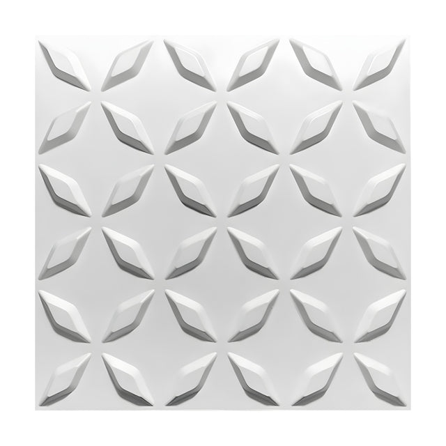 White PVC 3D wall panel, 50 x 50cm, with diagonal lozenge lattice relief forming X-shaped crossings in a six-by-six grid, shown on a plain background.