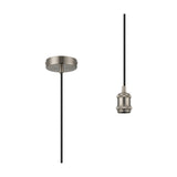 Dreifa Single E27 Pendant Light with 10cm satin nickel ceiling cup and matching lampholder on black braided flex, shown on a plain white background.