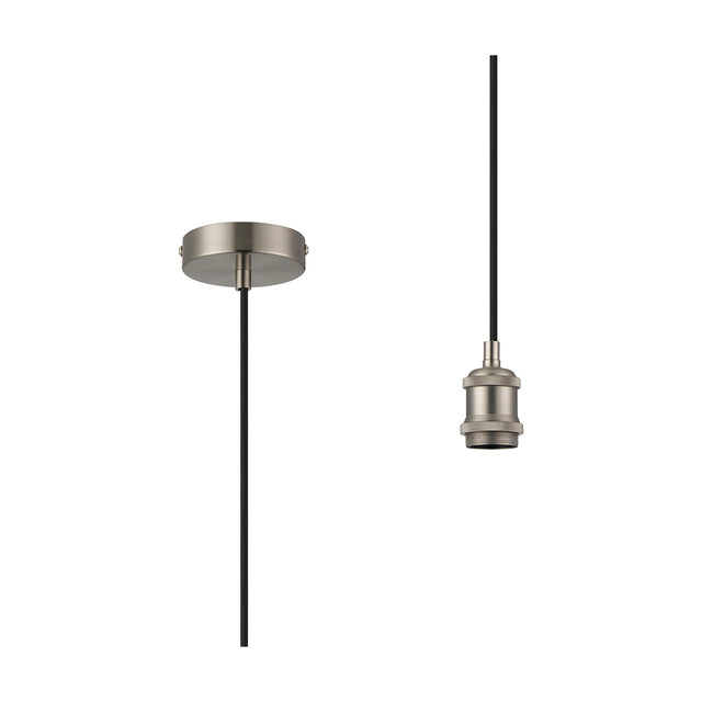 Dreifa Single E27 Pendant Light with 10cm satin nickel ceiling cup and matching lampholder on black braided flex, shown on a plain white background.