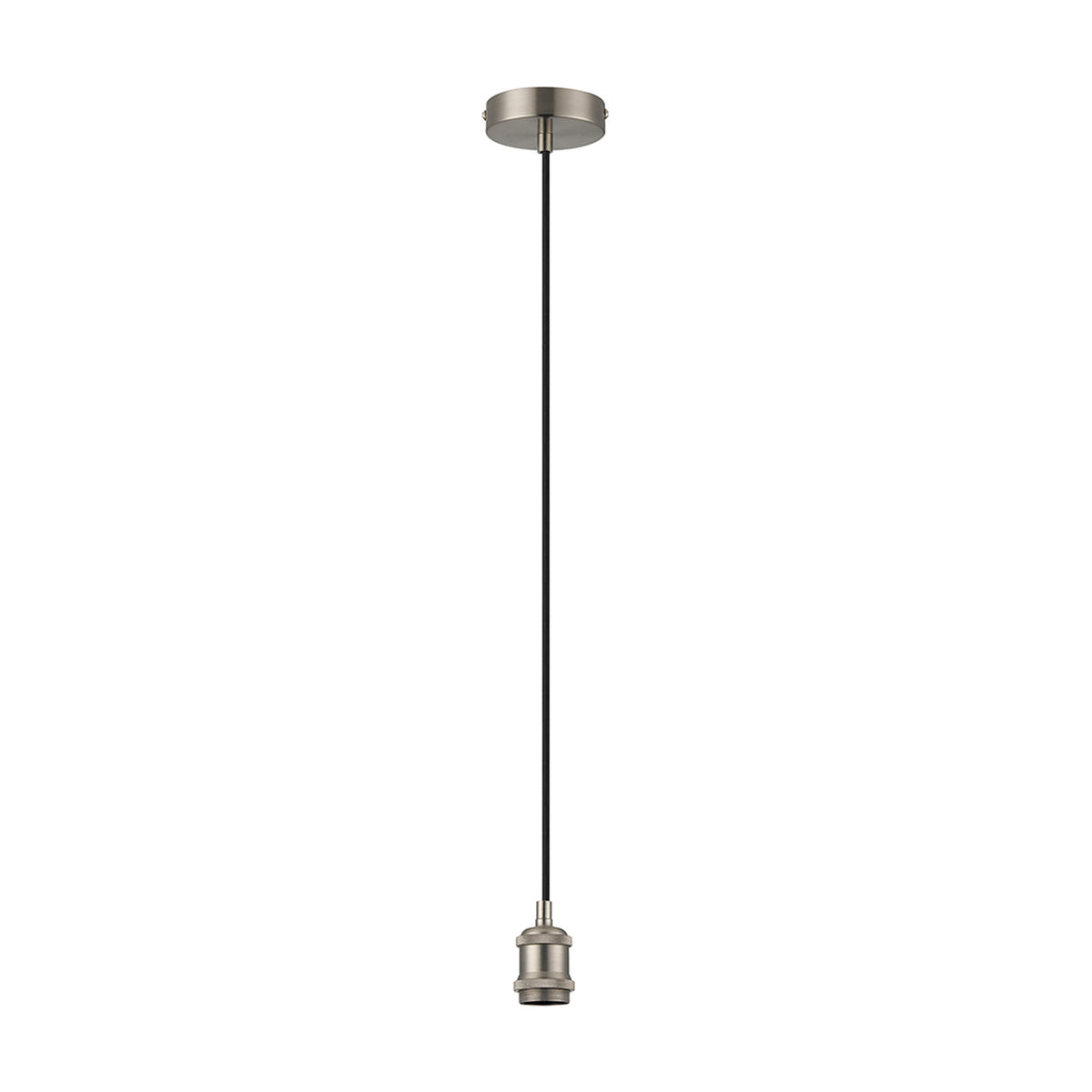 Dreifa single E27 pendant light with a 10cm satin nickel ceiling cup and matching lampholder on black braided flex, shown against a plain white background.
