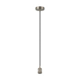 Dreifa single E27 pendant light with a 10cm satin nickel ceiling cup and matching lampholder on black braided flex, shown against a plain white background.