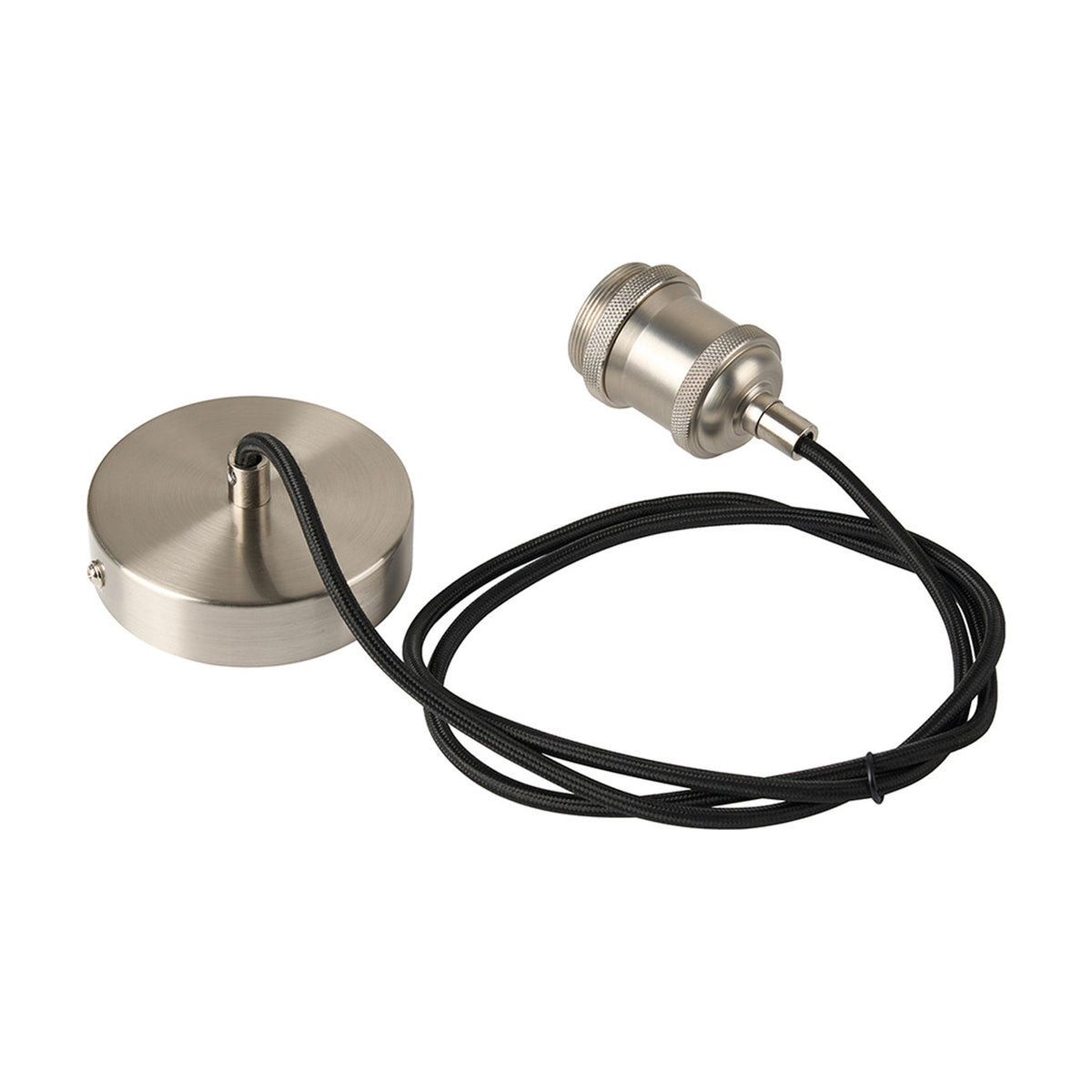 Dreifa Single E27 Pendant Light with 10cm satin nickel ceiling cup and lampholder on black braided flex, shown on a plain white background.