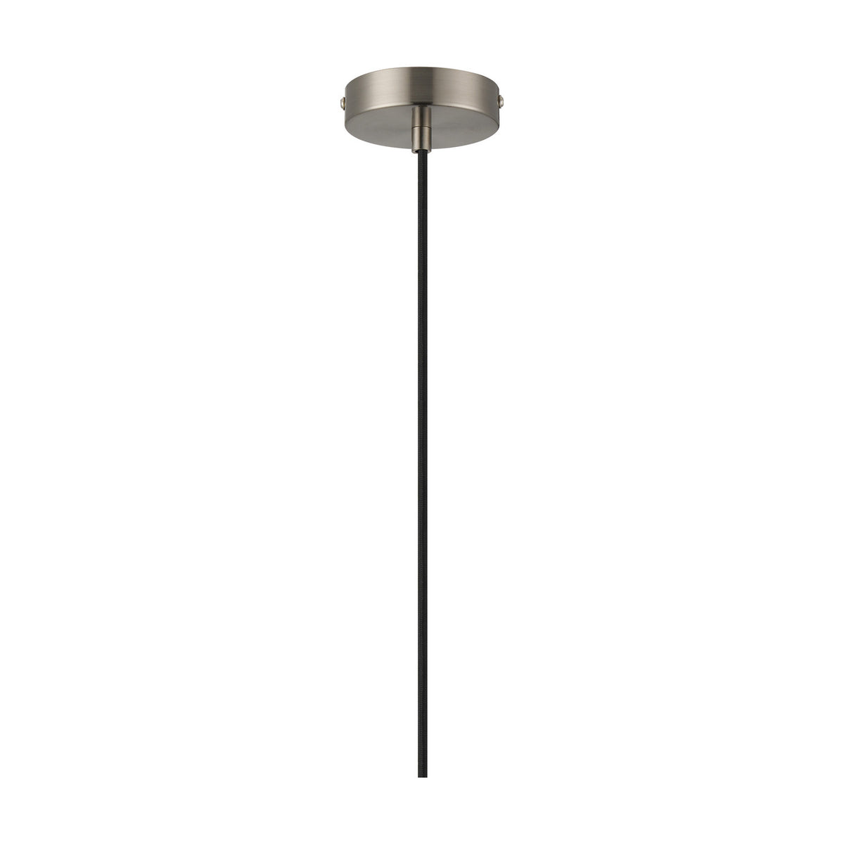 Dreifa single E27 pendant light with a 10cm satin nickel ceiling cup and matching lampholder, suspended on black braided flex, shown against a plain white background.