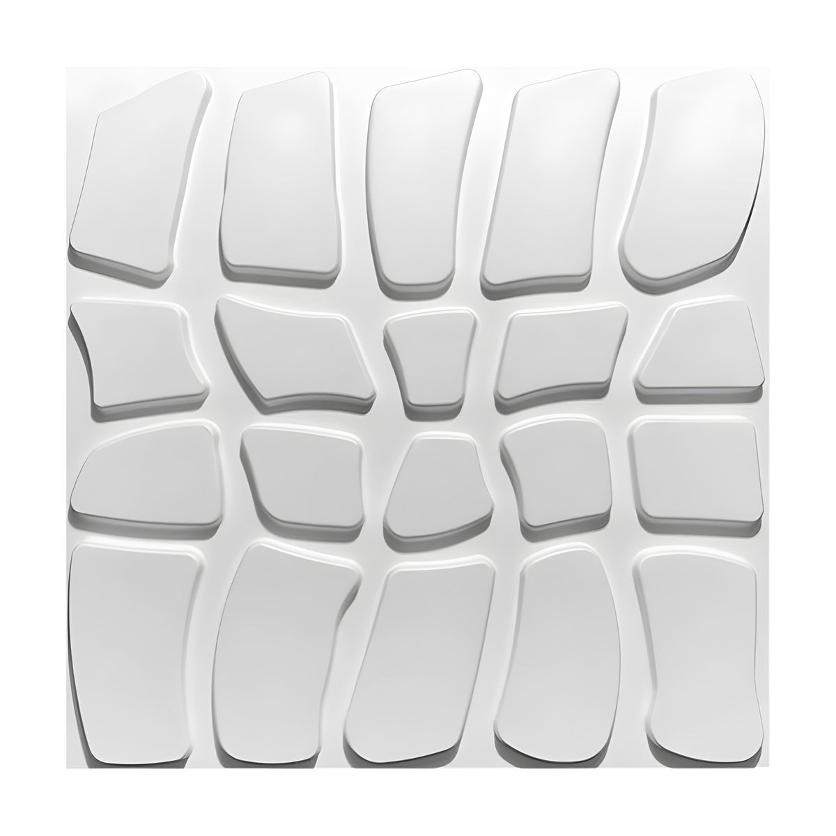 White PVC 3D wall panel, 50 x 50cm, featuring irregular flat-topped paving stone shapes with rounded edges in a four-row grid, set on a plain background.