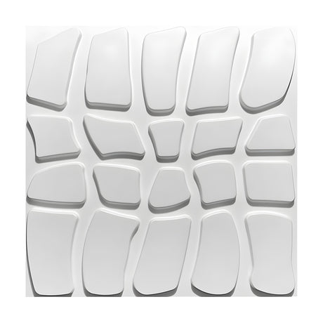 White PVC 3D wall panel, 50 x 50cm, featuring irregular flat-topped paving stone shapes with rounded edges in a four-row grid, set on a plain background.