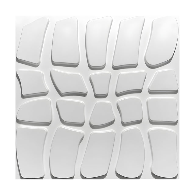 White PVC 3D wall panel, 50 x 50cm, featuring irregular flat-topped paving stone shapes with rounded edges in a four-row grid, set on a plain background.