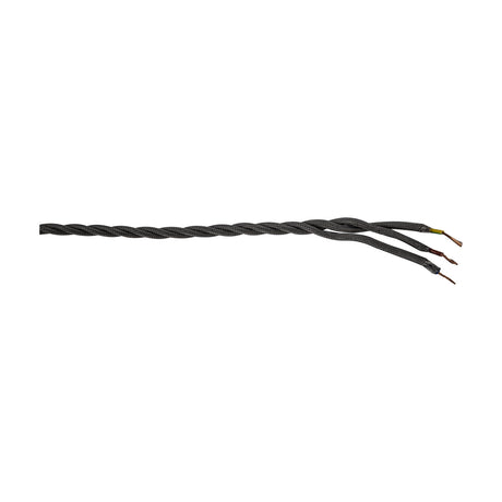 Cavo Braided Twisted Copper Cable, 3 core 0.75mm grey fabric flex with a spiral twist, exposed stripped ends showing bare copper conductors, on a plain white background.